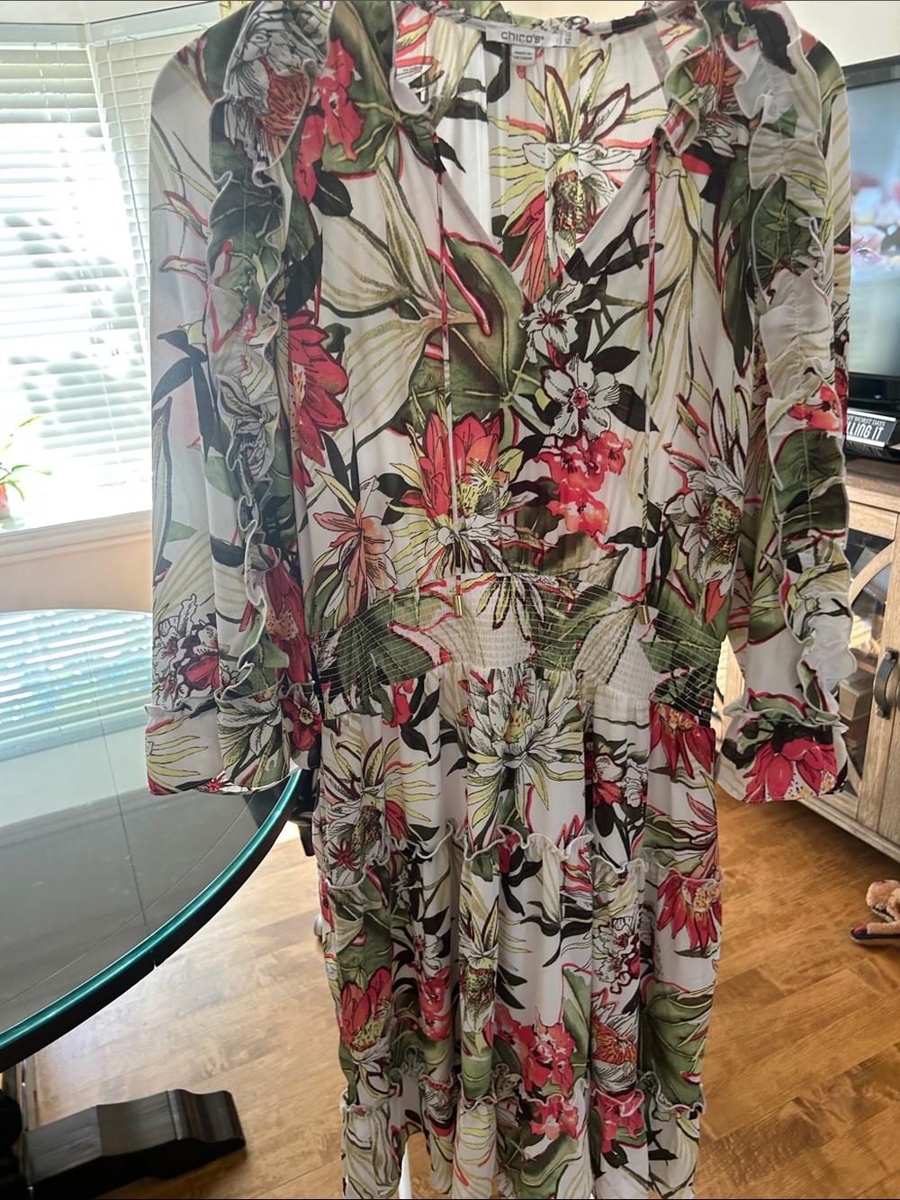 Chico's White Dress with Green and Pink Tropical Floral Print